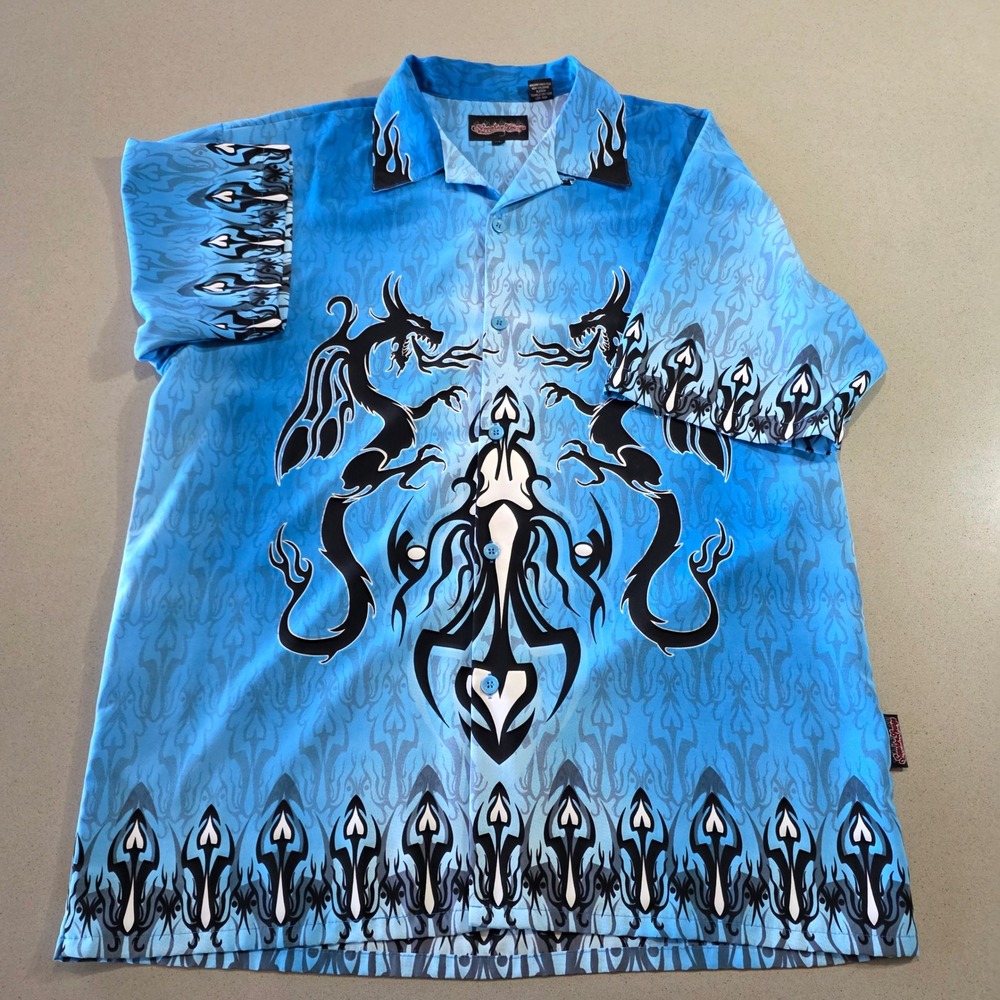 Sapphire Lounge Men XL Blue Dragon Tribal Flame Button Down Shirt Y2K Streetwear